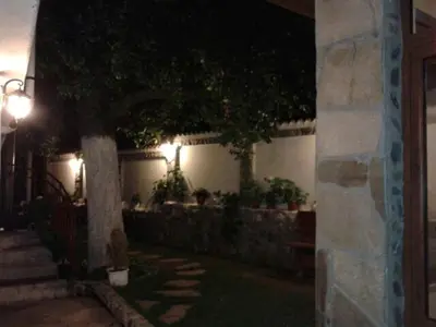 a house with two trees and a wall with lights at Dariya Guest House in Sapareva Banya