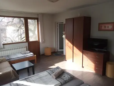 a living room with a couch and a tv at Dariya Guest House in Sapareva Banya