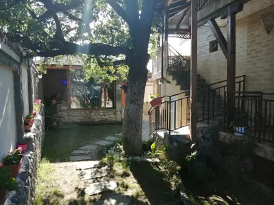 a tree in a yard next to a building at Dariya Guest House in Sapareva Banya