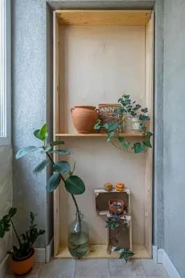 a wooden shelf with plants and a vase on it at Classy apartment in Sofia