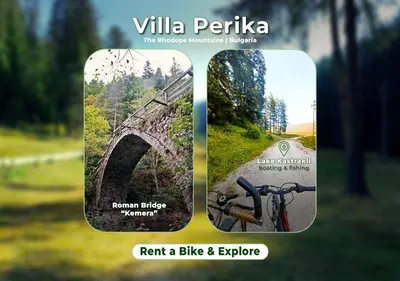 a collage of a picture of a bridge and a bike at ВИЛА ПЕРИКА-Vila PERIKA in Borino