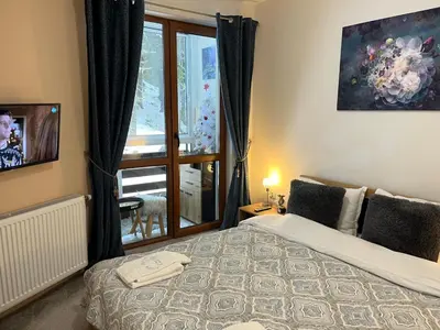 a bedroom with a bed and a large window at Elizi1winter apartments Pamporovo in Pamporovo