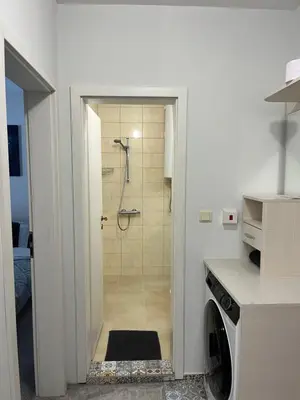 a bathroom with a shower stall and a washing machine at Elizi1winter apartments Pamporovo in Pamporovo