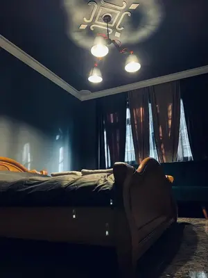 a bedroom with a bed and a chandelier at Central Apartment Black Cat in Karlovo