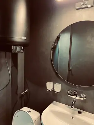 a bathroom with a sink and a mirror and a toilet at Central Apartment Black Cat in Karlovo