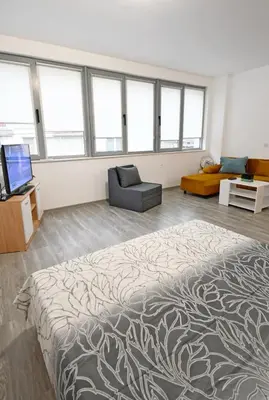 a room with a bed and a couch and a tv at Flower home 11 in Sofia