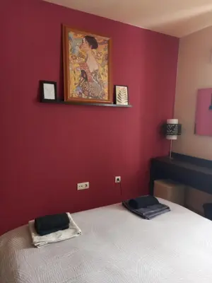 a bedroom with a bed with a red wall at Top Top location Green apartment in Bansko