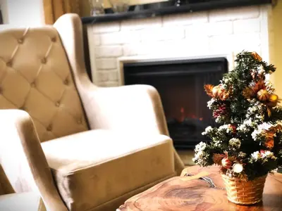 a christmas tree on a table next to a chair and a fireplace at Апартамент Веирас in Velingrad