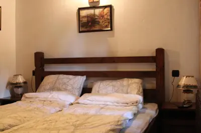 a bed with two pillows on it in a bedroom at Шапкова Къща in Delchevo