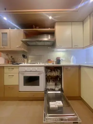 a kitchen with a stove and a dishwasher at A Colorful Apart for a Start in Sofia