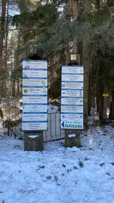 two signs in the snow next to some trees at 