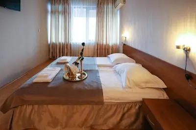 a hotel room with a large bed in a room at Complex Baroto in Gotse Delchev