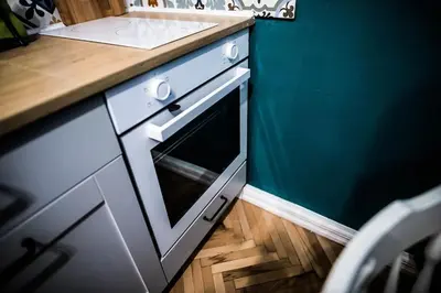 a kitchen with a white oven and a green wall at Green Flat Sofia Historic Center in Sofia