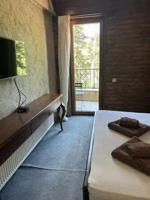 a bedroom with a bed and a tv and a sliding glass door at Villa Ema in Panichishte