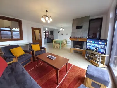 a living room with a couch and a tv at Villa Detelina near the Bansko Ski Resort in Razlog