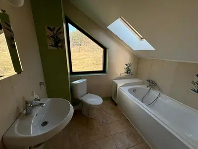 a bathroom with a sink and a tub and a toilet at Villa Detelina near the Bansko Ski Resort in Razlog