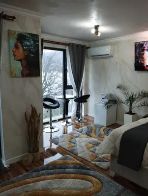 a living room with a bed and a rug at Апартамент за гости Боляри 2 in Velingrad