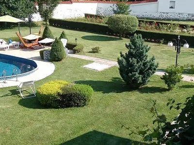 a garden with a swimming pool and a tree at Vila Teo in Vasil Levski