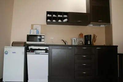 a kitchen with a counter with a microwave and a dishwasher at Bansko Ski Apartments in Bansko Royal Towers in Bansko