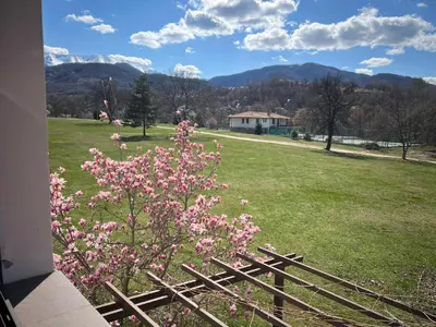 a bush with pink flowers next to a fence at Вила и тенис комплекс ,,Синьото