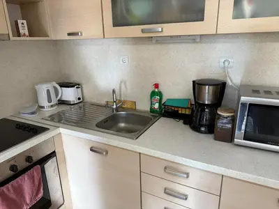 a kitchen counter with a sink and a microwave at Aparthotel Raikov Ski Lodge in Pamporovo