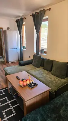 a living room with a couch and a table at Aparthotel Raikov Ski Lodge in Pamporovo