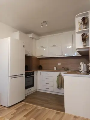a white kitchen with white appliances and wooden floors at Sunny Hill Sandanski in Sandanski