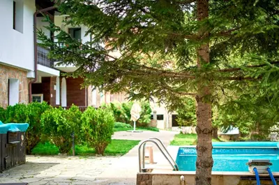 a swimming pool with a tree next to a house at Вълеви Къщи in Chiflik