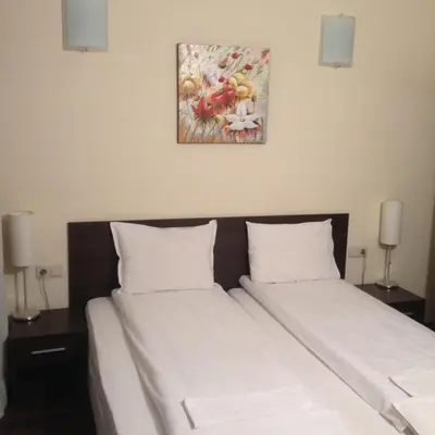 a bed with two white pillows and a painting on the wall at Ski Lift Apartment in Bansko in Bansko