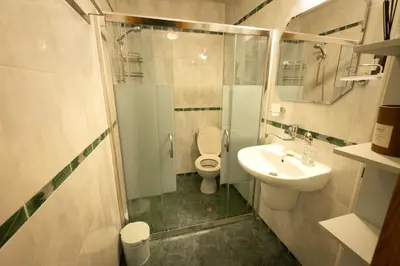 a bathroom with a toilet and a sink and a shower at ArtE Vitosha Blvd in Sofia