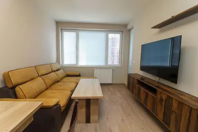 a living room with a couch and a flat screen tv at Cherkovna Residence Apartment plus GARAGE !!! in Sofia