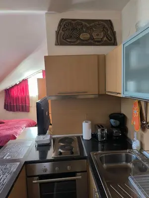 a kitchen with a stove and a sink in a caravan at Апартамент-студио Б4-4-1 Божурленд in Bansko