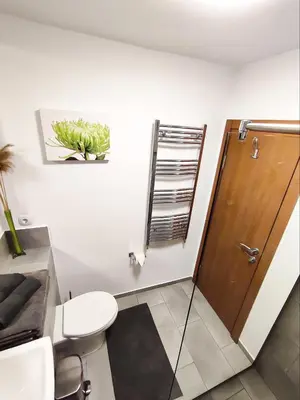 a bathroom with a toilet and a wooden door at GALA 2Bedroom Apartment 200m from Gondola in Bansko