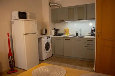 a kitchen with a white refrigerator and a washing machine at EVIAS Apartment in Sandanski