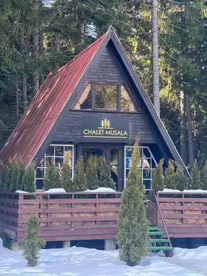 a log cabin with a red roof in the snow at Chalet Musala Borovets by BookVillaBG in Borovets