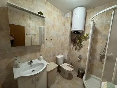 a bathroom with a sink and a toilet and a shower at The Castle Mountain Apartments in Pamporovo