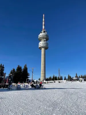 a tower with a flag on the top of it at The Castle Mountain Apartments in Pamporovo