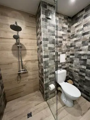 a bathroom with a toilet and a glass shower at Sao Paolo warm and cosy Studio in lively district in Sofia