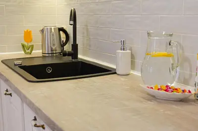 a kitchen counter with a sink and a bowl of fruit at Tulip Dreamland in Sofia