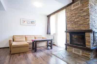 a living room with a couch and a fireplace at Borche Family Homes in Pamporovo