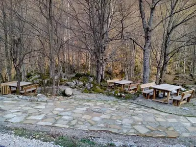 a group of picnic tables in a park with trees at Roden Dom Holiday Home in Apriltsi