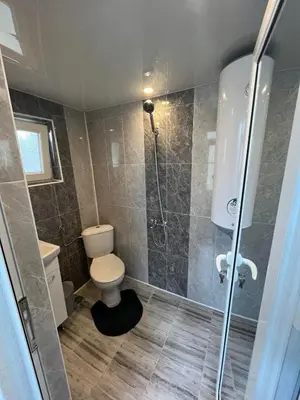 a bathroom with a toilet and a shower at Къща за гости Горски рай in Smilyan