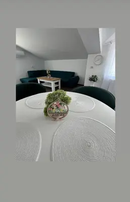 a white table with a plant on top of it at GreenBoxApartment in Kyustendil