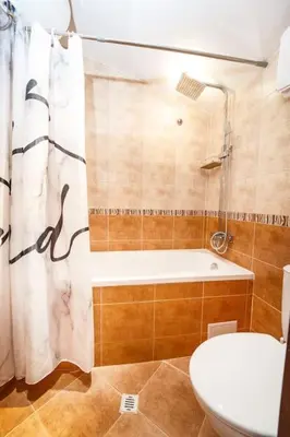 a bathroom with a tub and a toilet and a shower curtain at Private cozy at Alpin Lodge Studio + SPA Complex in Bansko