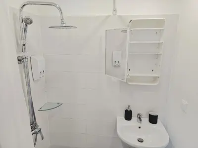 a white bathroom with a sink and a shower at Antim Boutique Apartments in Sofia