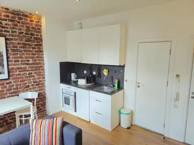 a kitchen with white cabinets and a brick wall at Antim Boutique Apartments in Sofia