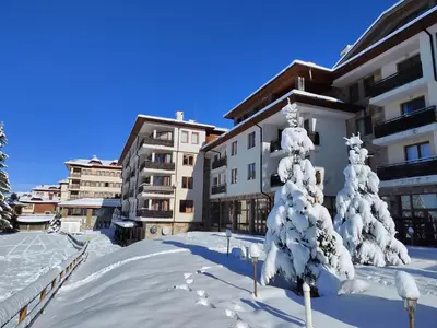 a snow covered tree in front of a building at Panorama Stoykite Eurydice in Stoykite
