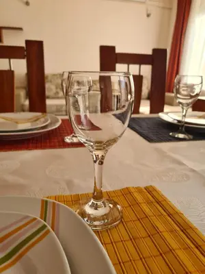 a empty wine glass sitting on top of a table at Spacious 2 Bedroom Apartment in Sofia