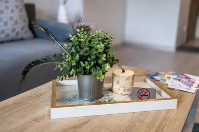 a table with a vase with a plant on it at Modern 1BR Comfort in Oborishte with Private Parking in Sofia