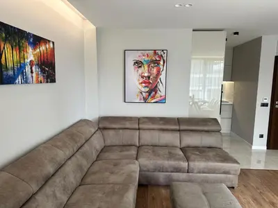 a living room with a couch and a painting at Apartment G17 in Pernik